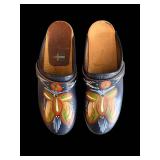 Swedish-Style Hand-Painted Floral Clogs - Navy Leather, Wooden Sole