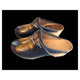 Swedish-Style Hand-Painted Floral Clogs - Navy Leather, Wooden Sole
