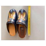 Swedish-Style Hand-Painted Floral Clogs - Navy Leather, Wooden Sole