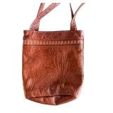 Brown Embossed Crossbody Bag - Floral Pattern, Zipper Closure, Interior Pocket