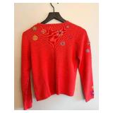 Icelandic Design Cardigan - Red Knit with Floral Embroidery - Size S