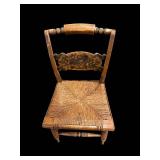 Antique Wooden Chair with Woven Rush Seat and Carved Back