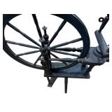 Antique Hand-Crank Spinning Wheel with Large Flywheel on Wood Base