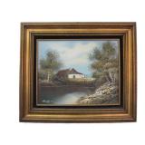 Framed Signed Vintage Oil on Canvas Painting - Farmhouse by River Framed Signed Vintage Oil on Canvas Painting - Farmhouse by River