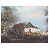 Framed Signed Vintage Oil on Canvas Painting - Farmhouse by River Framed Signed Vintage Oil on Canvas Painting - Farmhouse by River