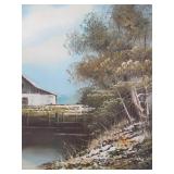 Framed Signed Vintage Oil on Canvas Painting - Farmhouse by River Framed Signed Vintage Oil on Canvas Painting - Farmhouse by River