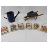 Framed Floral Prints (6) & Blue Wheelbarrow Planter & Watering Can Framed Floral Prints (6) & Blue Wheelbarrow Planter & Watering Can