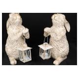 Pair of Distressed White Hare Lantern Statues - Garden Decor Pair of Distressed White Hare Lantern Statues - Garden Decor