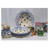 Blue Stripe Bow Rim Ceramic Dinnerware Set with Fruit Motifs (Plates, Mugs) Blue Stripe Bow Rim Ceramic Dinnerware Set with Fruit Motifs (Plates, Mugs)