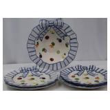 Blue Stripe Bow Rim Ceramic Dinnerware Set with Fruit Motifs (Plates, Mugs) Blue Stripe Bow Rim Ceramic Dinnerware Set with Fruit Motifs (Plates, Mugs)