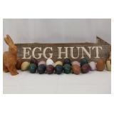 Egg Hunt Wooden Sign with Bunny Figurines and Painted Easter Eggs Egg Hunt Wooden Sign with Bunny Figurines and Painted Easter Eggs