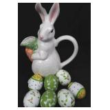 Ceramic Bunny Pitcher with Carrot Spout - 12.5 in Tall & 7 Wooden Decorated Eggs Ceramic Bunny Pitcher with Carrot Spout - 12.5 in Tall & 7 Wooden Decorated Eggs