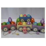Wooden Egg Train Set - 4 Wagons, 17 Painted Eggs, 6 in long by 3 in wide Wooden Egg Train Set - 4 Wagons, 17 Painted Eggs, 6 in long by 3 in wide