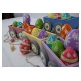 Wooden Egg Train Set - 4 Wagons, 17 Painted Eggs, 6 in long by 3 in wide Wooden Egg Train Set - 4 Wagons, 17 Painted Eggs, 6 in long by 3 in wide