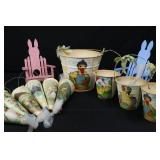 Vintage Easter Decor Lot - 6 Paper Cones, 3 Paper Pails, 1 Bucket, 2 Bunny Chairs Vintage Easter Decor Lot - 6 Paper Cones, 3 Paper Pails, 1 Bucket, 2 Bunny Chairs
