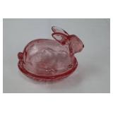 Handmade E. Smith Glass Easter Bunny Figurines with Basket & Pink Glass Dish Handmade E. Smith Glass Easter Bunny Figurines with Basket & Pink Glass Dish