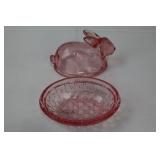 Handmade E. Smith Glass Easter Bunny Figurines with Basket & Pink Glass Dish Handmade E. Smith Glass Easter Bunny Figurines with Basket & Pink Glass Dish