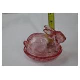 Handmade E. Smith Glass Easter Bunny Figurines with Basket & Pink Glass Dish Handmade E. Smith Glass Easter Bunny Figurines with Basket & Pink Glass Dish