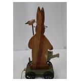 Wooden Rabbit on Cart with Metal Wheels - Folk Art Pull Toy & Round Table Wooden Rabbit on Cart with Metal Wheels - Folk Art Pull Toy & Round Table