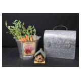 Galvanized Garden Tools Box - Seed Packet Bucket, Carrot Decor & Tiny Birdhouse Galvanized Garden Tools Box - Seed Packet Bucket, Carrot Decor & Tiny Birdhouse