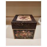 Set of 6 Decorative Paris-Themed Nesting Boxes with Holiday Tree Skirts and Gold Ornaments