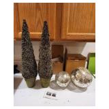 Holiday Decor Set with 2 Faux Topiary Trees and 2 Mercury Glass Globes