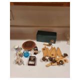 Assorted Decorative Collectibles and Jewelry Including Porcelain Miniatures and 1928 Brooch