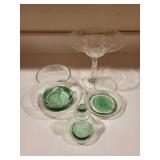 Set of 4 Art Glass Vessels and Decorative Etched Glass Compote