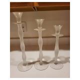 Set of 3 Frosted Glass Taper Candle Holders with Swirl Stems