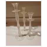 Set of 3 Frosted Glass Taper Candle Holders with Swirl Stems