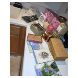 Decorative Home Decor Assortment Including Carved Wooden Box, Aynsley Clock, Candles, and Collectibles