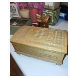 Decorative Home Decor Assortment Including Carved Wooden Box, Aynsley Clock, Candles, and Collectibles