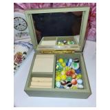 Decorative Home Decor Assortment Including Carved Wooden Box, Aynsley Clock, Candles, and Collectibles