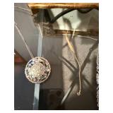 Circular Mosaic Inlay Pendant Necklace on Silver Chain - Includes Ornate Jewelry Box