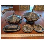 Christofle Silver Plate Tureen Set - 2 Lidded Tureens, Butter Dish, Sunburst Dishes