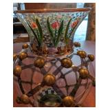 Mackenzie-Childs Glass Vase Hand-Painted Floral Copper Lattice 10.75 in Tall