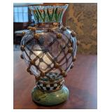Mackenzie-Childs Glass Vase Hand-Painted Floral Copper Lattice 10.75 in Tall