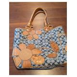 Coach Signature Canvas Handbag with Leather Flower Applique - Tan Trim