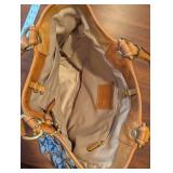 Coach Signature Canvas Handbag with Leather Flower Applique - Tan Trim