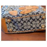 Coach Signature Canvas Handbag with Leather Flower Applique - Tan Trim