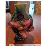Handmade Glass Vase - 8 in Tall - Pink-Purple Flower with Green Leaves