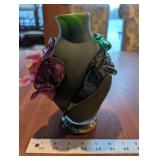 Handmade Glass Vase - 8 in Tall - Pink-Purple Flower with Green Leaves