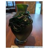 Handmade Glass Vase - 8 in Tall - Pink-Purple Flower with Green Leaves