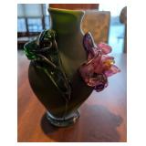 Handmade Glass Vase - 8 in Tall - Pink-Purple Flower with Green Leaves