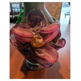 Handmade Glass Vase - 8 in Tall - Pink-Purple Flower with Green Leaves