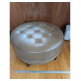 Ethan Allen Round Tufted Leather Ottoman - Brown Leather, Nailhead Trim