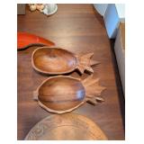 California Redwood Pineapple Wood Bowls Set with Floral Plates & Carved Round Platter