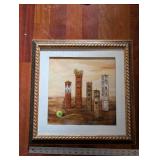 Framed Landscape Paintings - Tower Cityscape & Tree Courtyard (Pair)