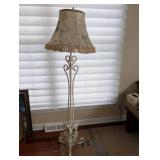 Vintage Floral Floor Lamp with Fringe Shade - Cream Iron Stand, Cottage Chic