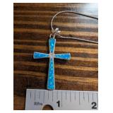 Cross Pendant Necklace - Silver with Blue Opal Inlay